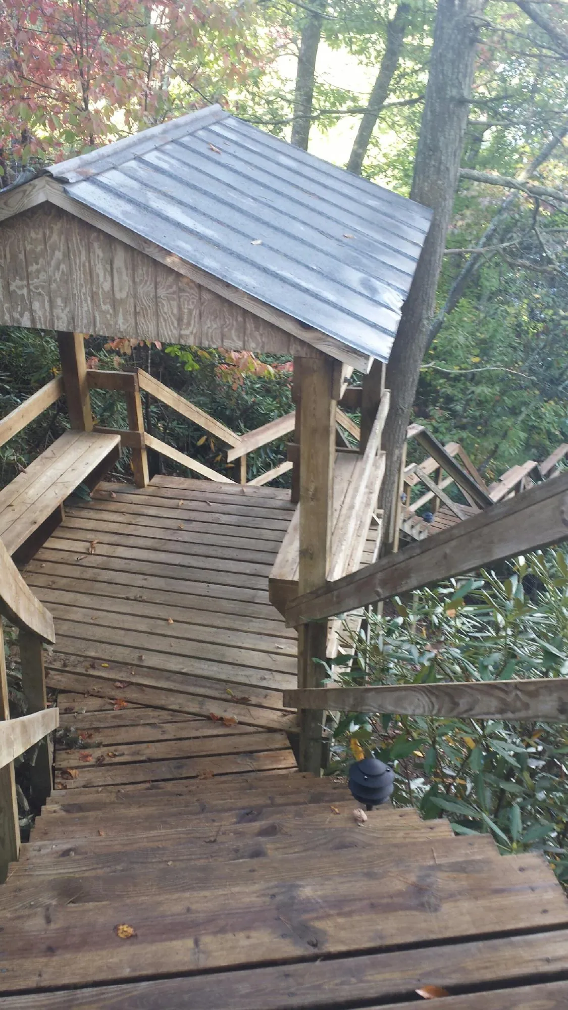Metal roofed shelter over wooden steps on a wooded walkway — Skylight Repair & Installation work by our crew in Remington